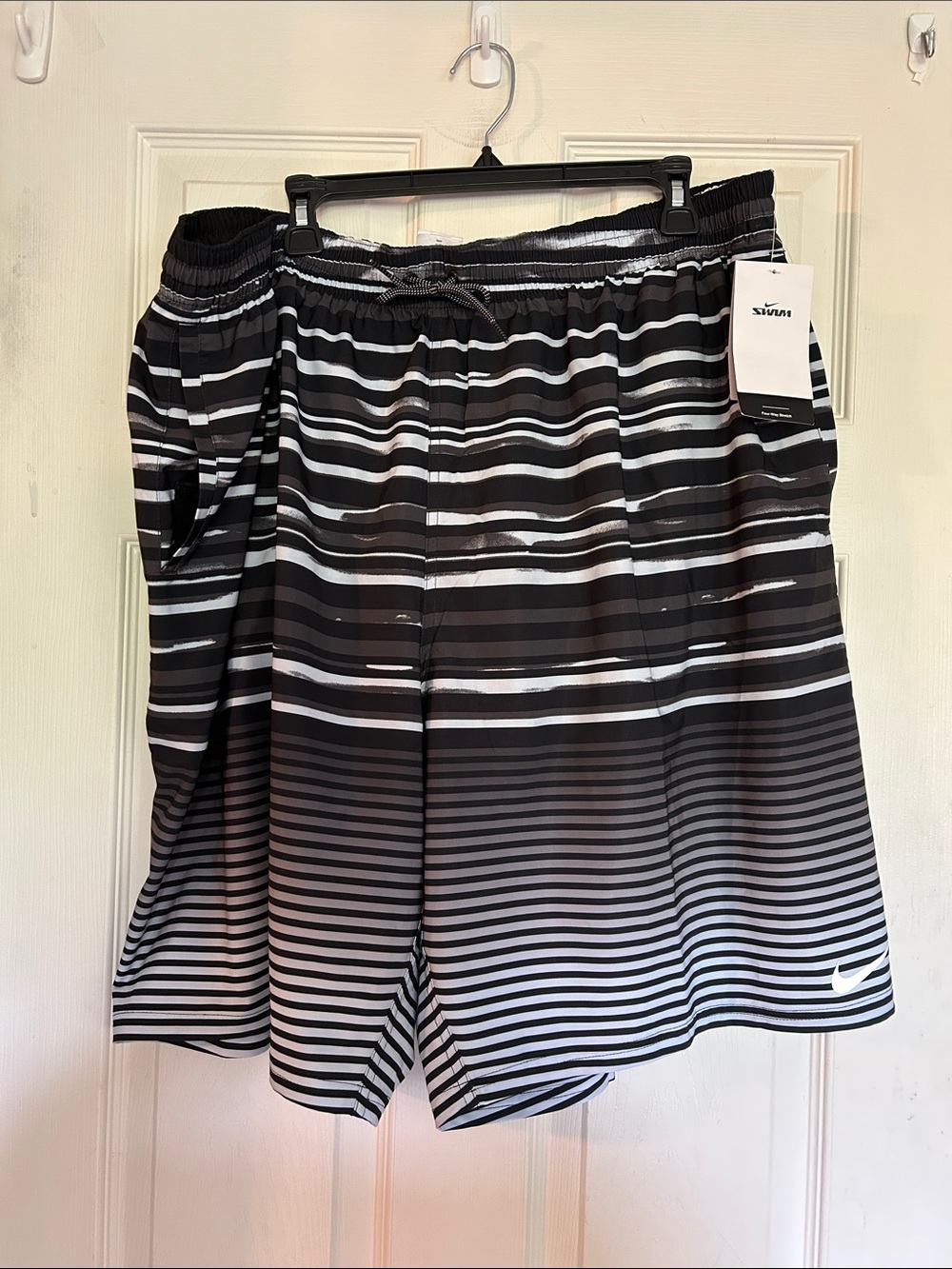 Nike Black and White Striped Swim Trunks